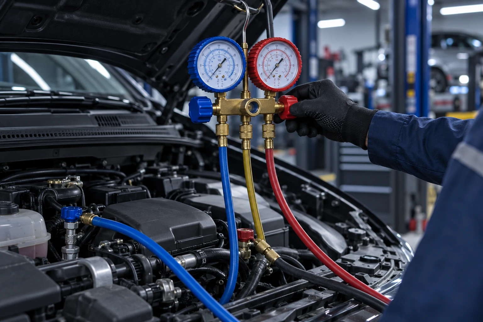 Oto klima servisinde manometre seti ile klima basınç ve performans kontrolü
